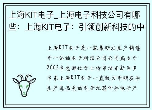 上海KIT电子_上海电子科技公司有哪些：上海KIT电子：引领创新科技的中心